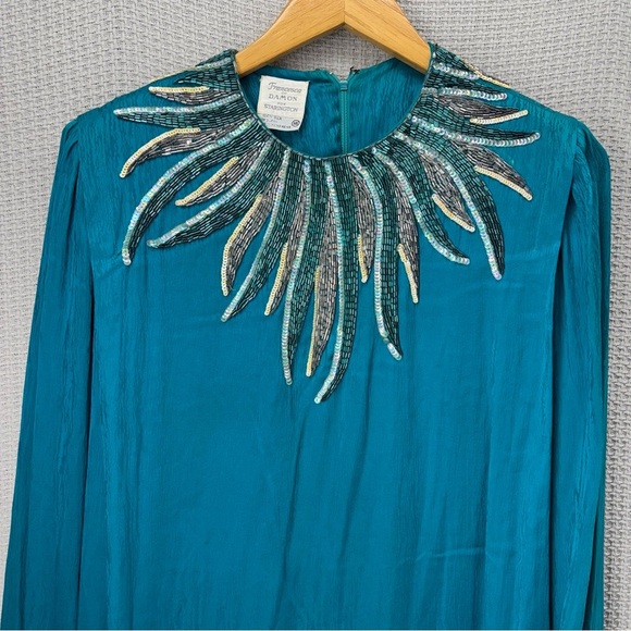 Vtg Francesca Of Damon 100% Silk Blue Intricate Beaded Long Dress Sz 10 Elegant - Picture 2 of 13